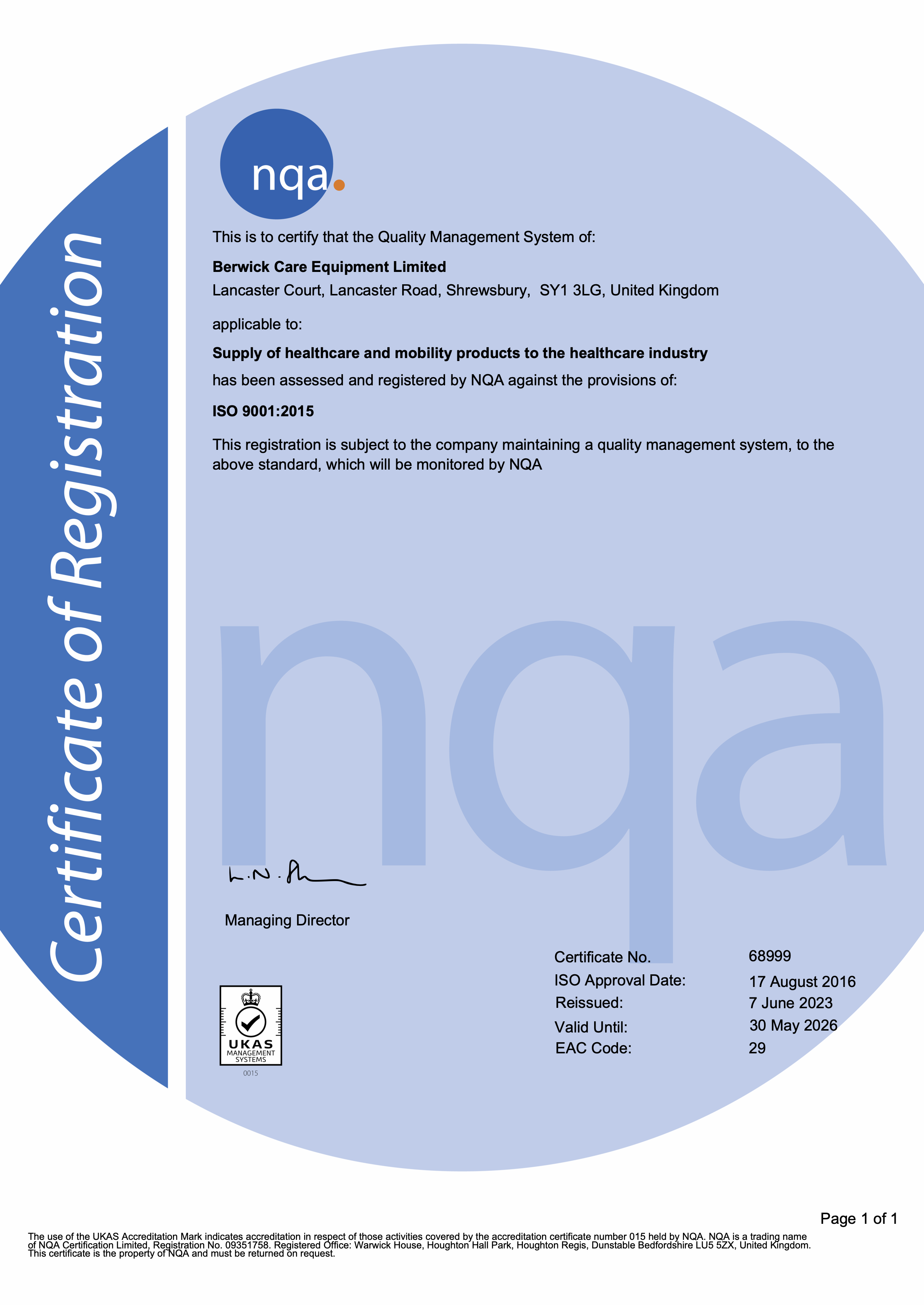 Quality Management System certificate